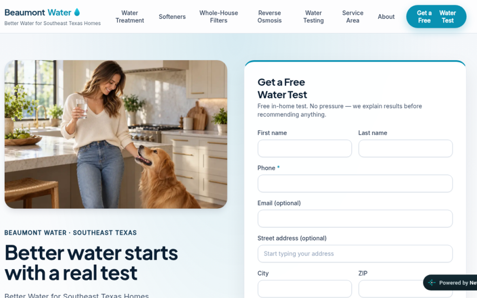 Beaumont Water homepage with free water test form