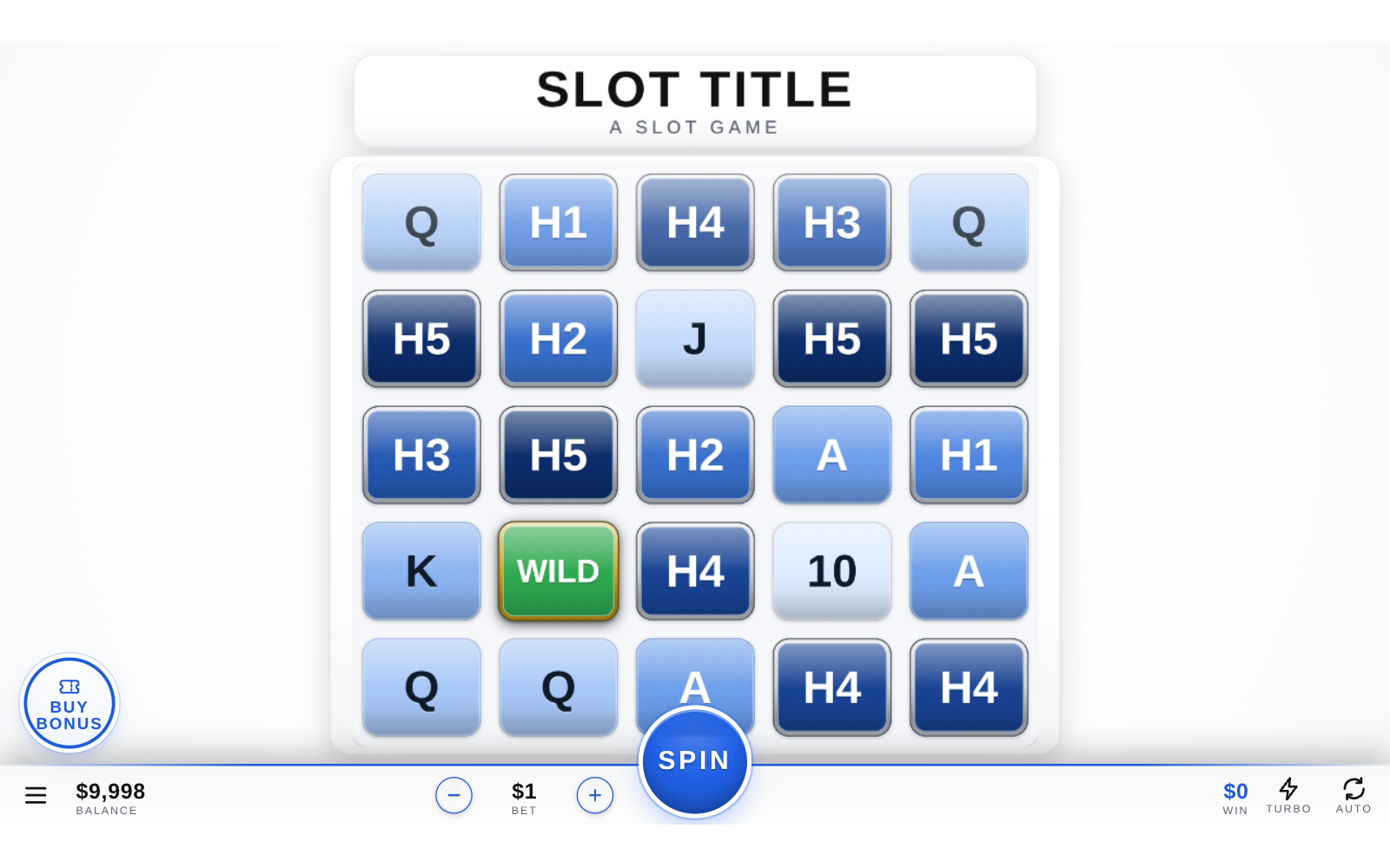 Boilerplate slot in its default white and blue theme, a 5×5 grid of placeholder symbols with one wild under the Slot Title plate