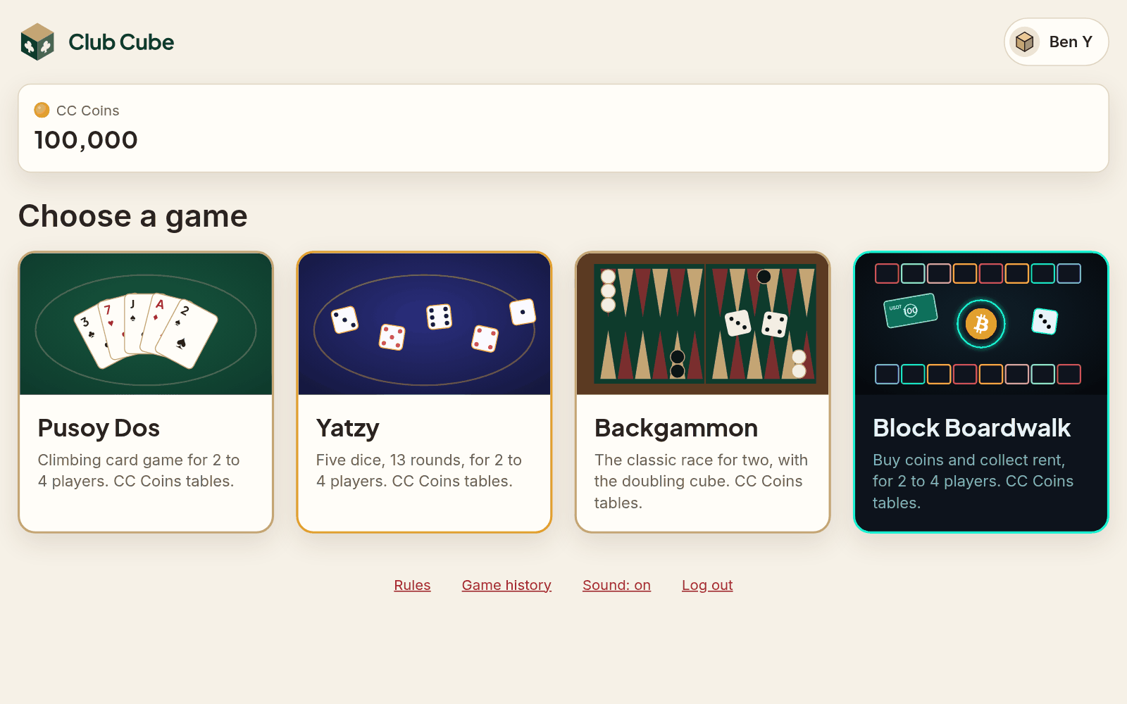 Club Cube home screen with Pusoy Dos, Yatzy, Backgammon and Block Boardwalk tiles