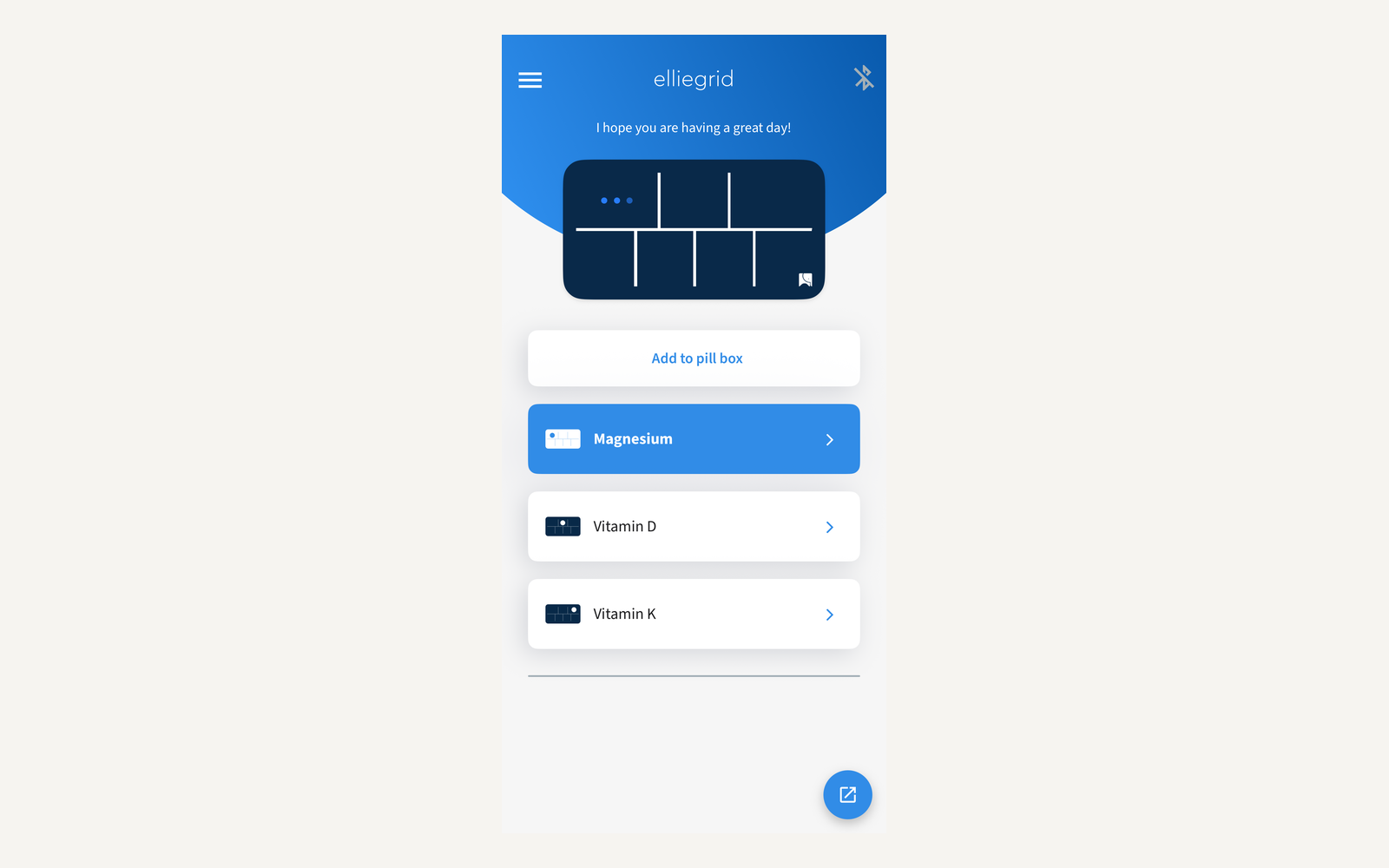 EllieGrid home screen with the pill box and a vitamin list