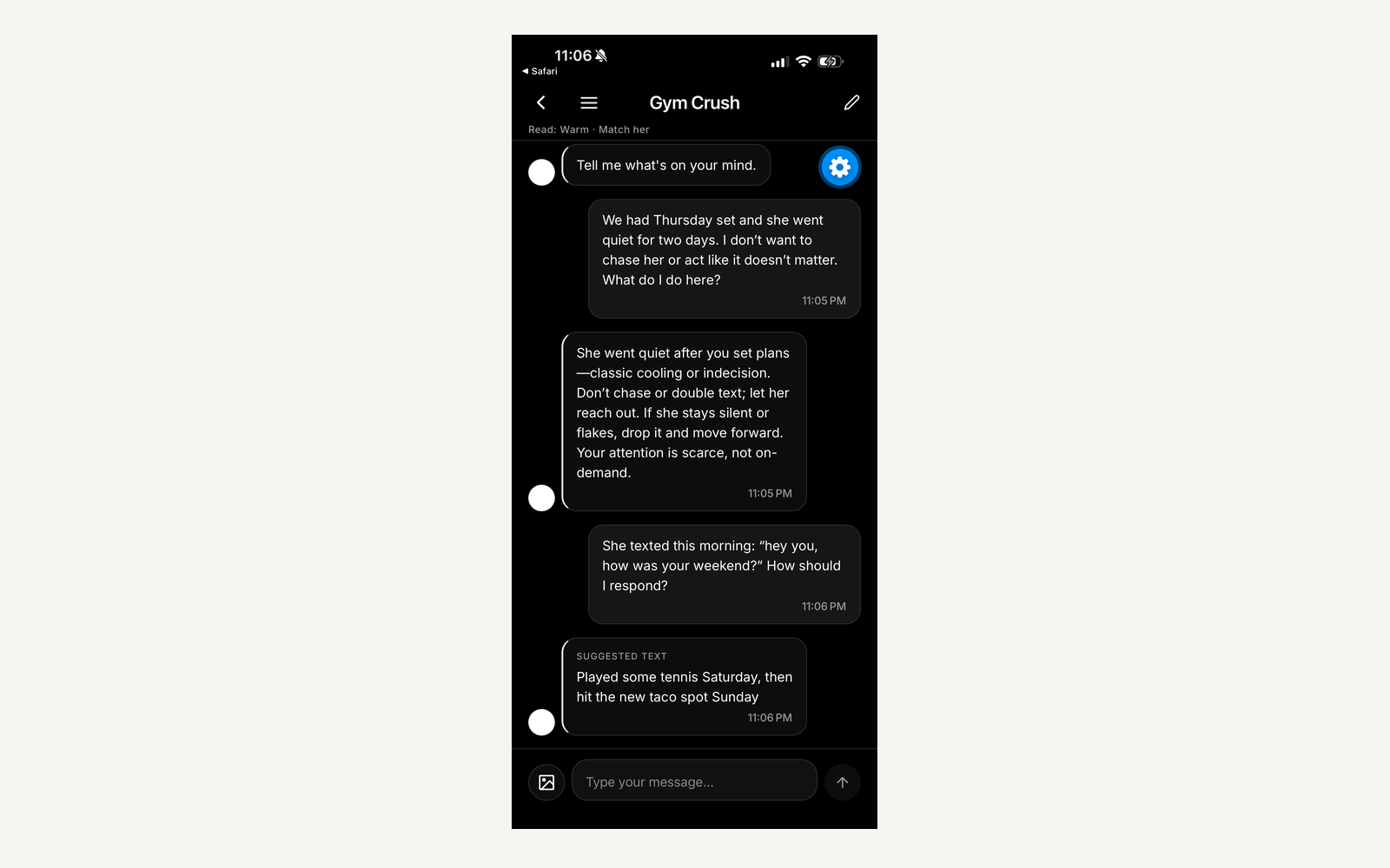 Frame Gym Crush chat with a suggested text reply
