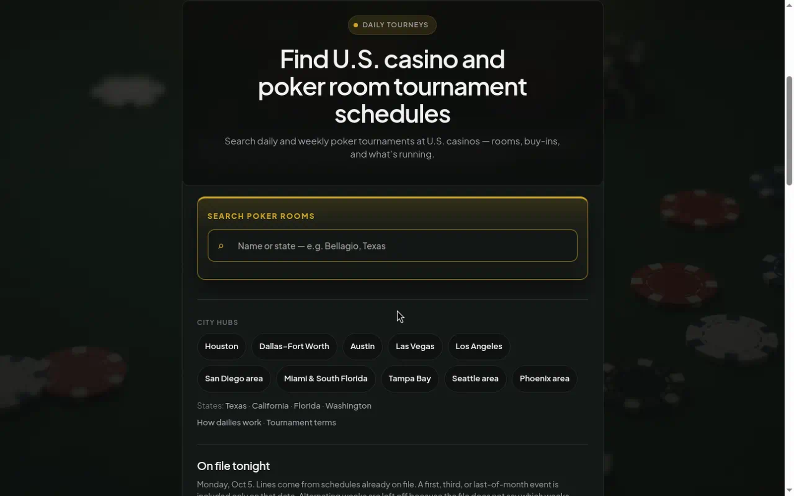 Search page for U.S. casino and poker tournament information
