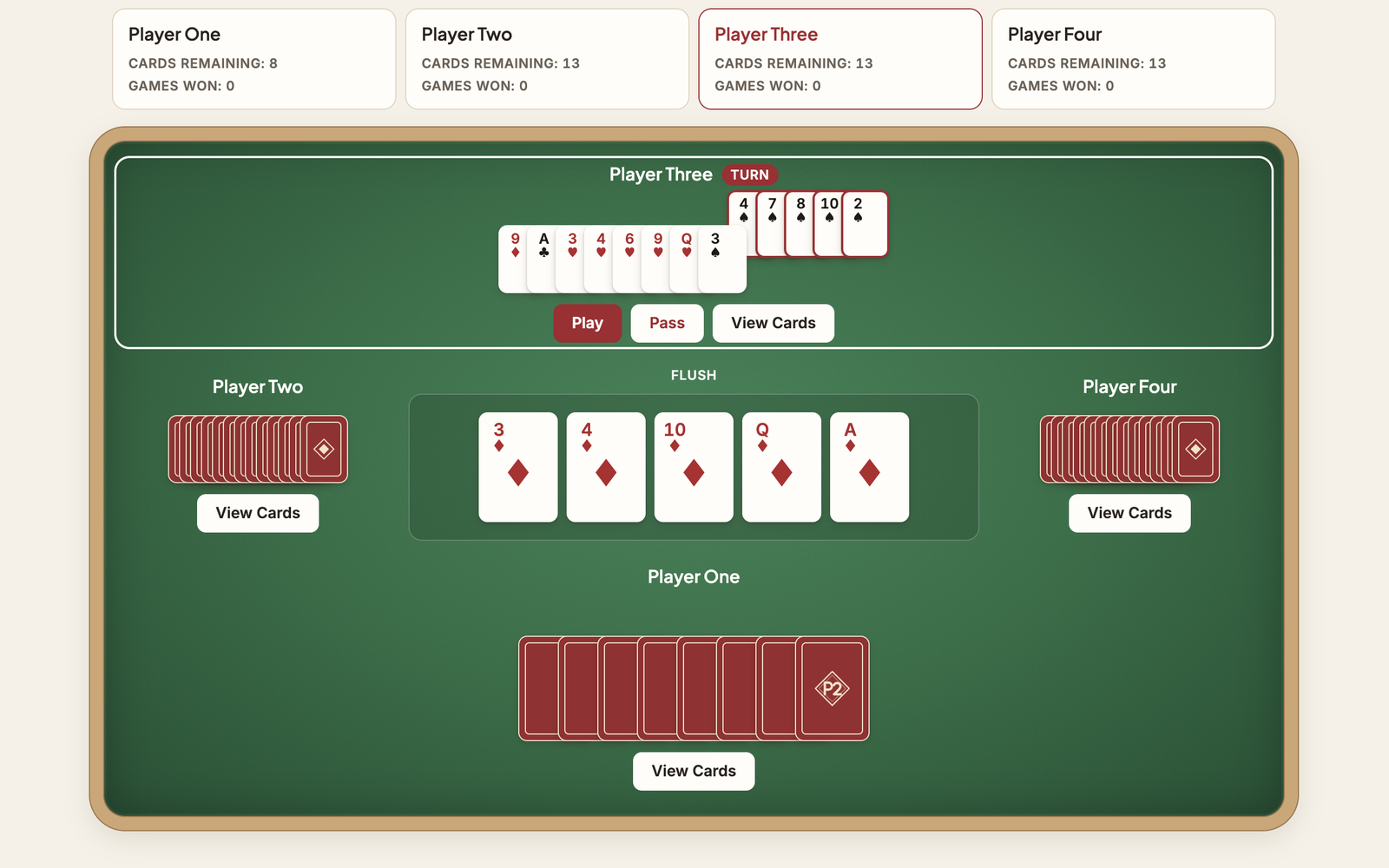 Pusoy Dos game with a flush of diamonds on the felt